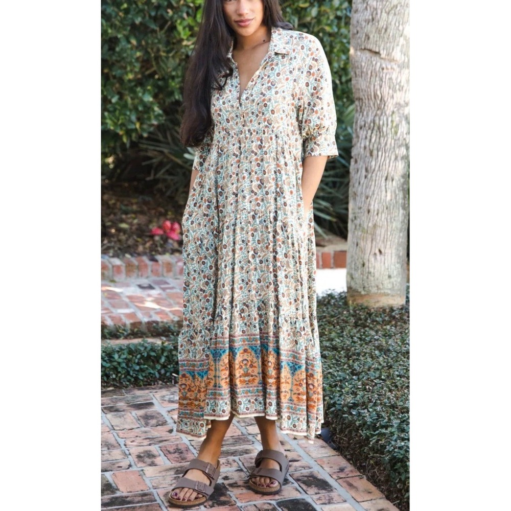 Natural Life Rebecca Midi Dress Size M Boho Floral Tiered Cottagecore Hippie